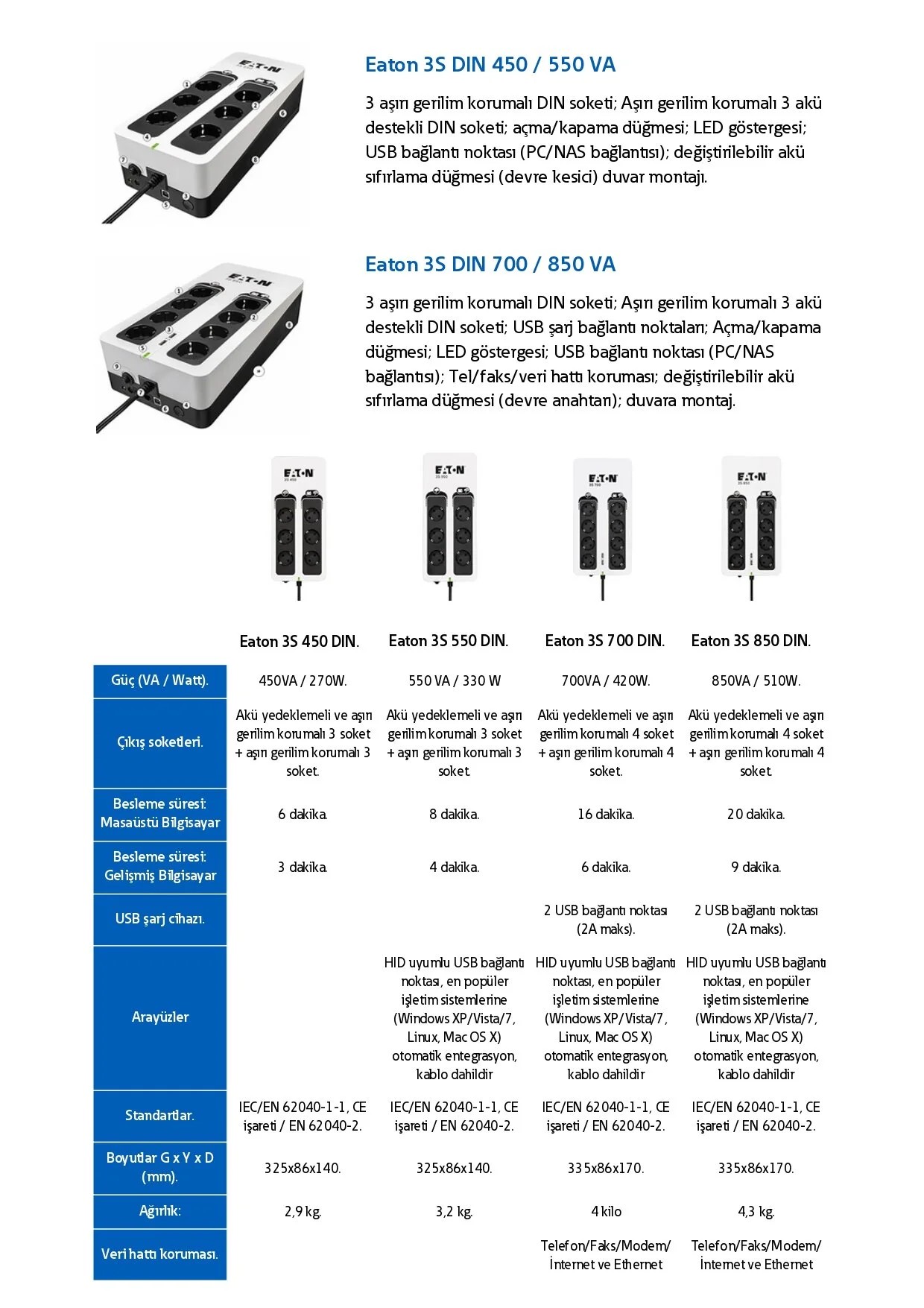 Eaton 3S 850 DIN UPS 850 VA+ Dahili Akım Korumalı Priz( 8'li Schuko)