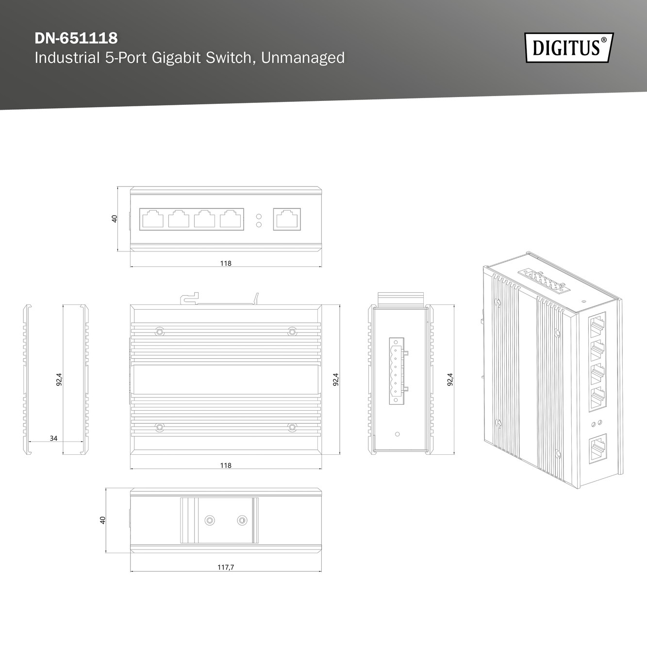 Digitus 4 Port Gigabit Ağ Anahtarı, Endüstriyel, Yönetilmeyen, 1 RJ45 Uplink