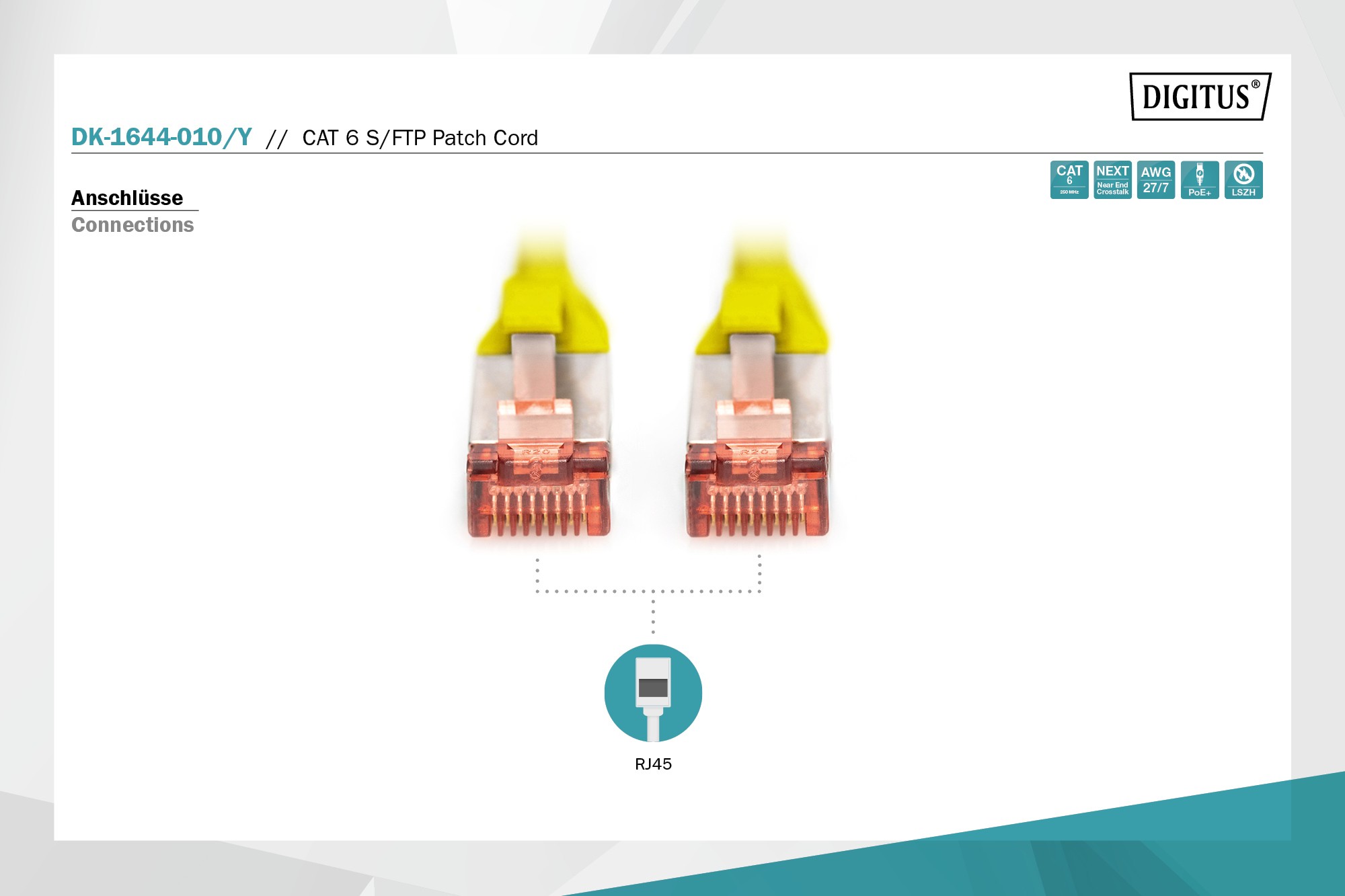 CAT 6 S-FTP bağlantı kablosu, bakır, LSZH AWG 27/7, uzunluk 1 m, sarı renk