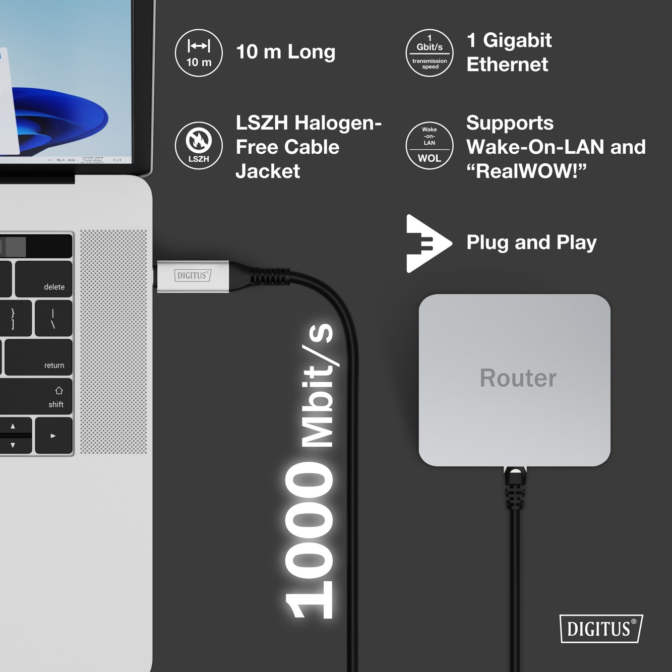 USB-C - RJ45 CAT 6A S/FTP kablosu, 1 Gbit/s, 10 Metre USB 3.2 Gen1, LSZH kılıf