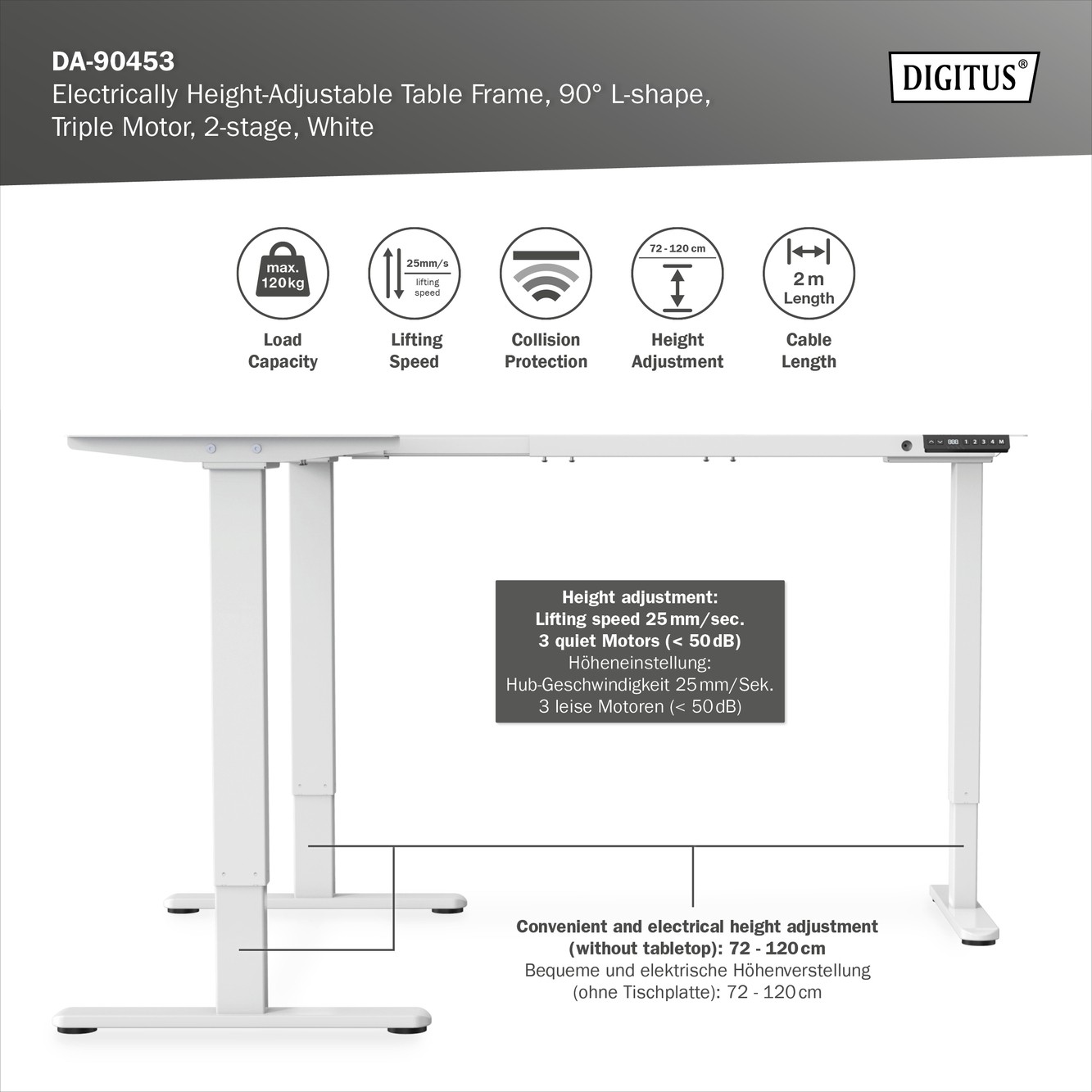Digitus Elektrikli Yüksekliği Ayarlanabilir Ayakta Çalışma/ Oturarak Çalışma Için Masa Tabanı, 90° Açı (L Şekli) 3 Motorlu