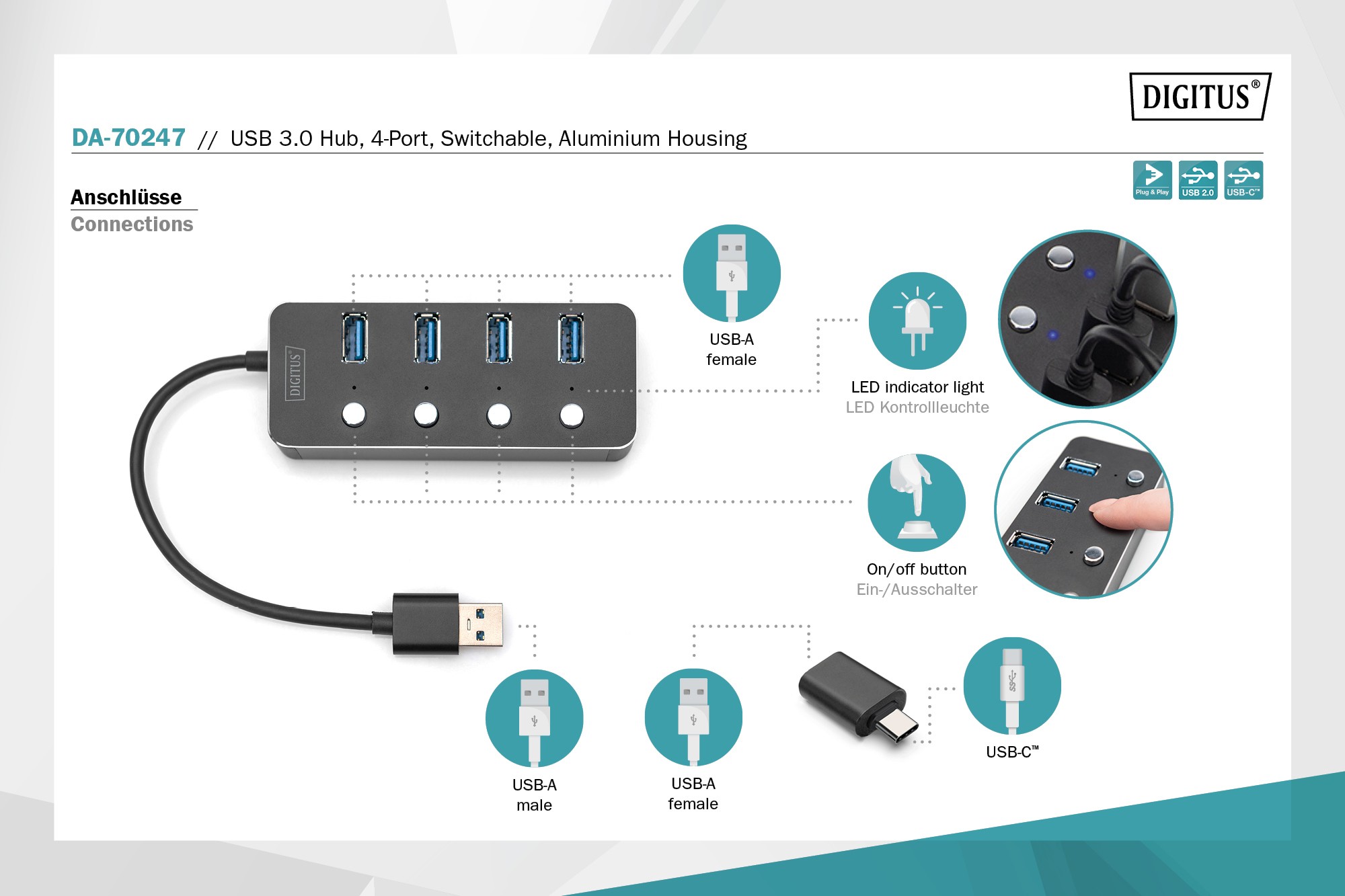 DIGITUS USB 3.0 Hub, 4 port, açılıp kapatılabilir, alüminyum gövde