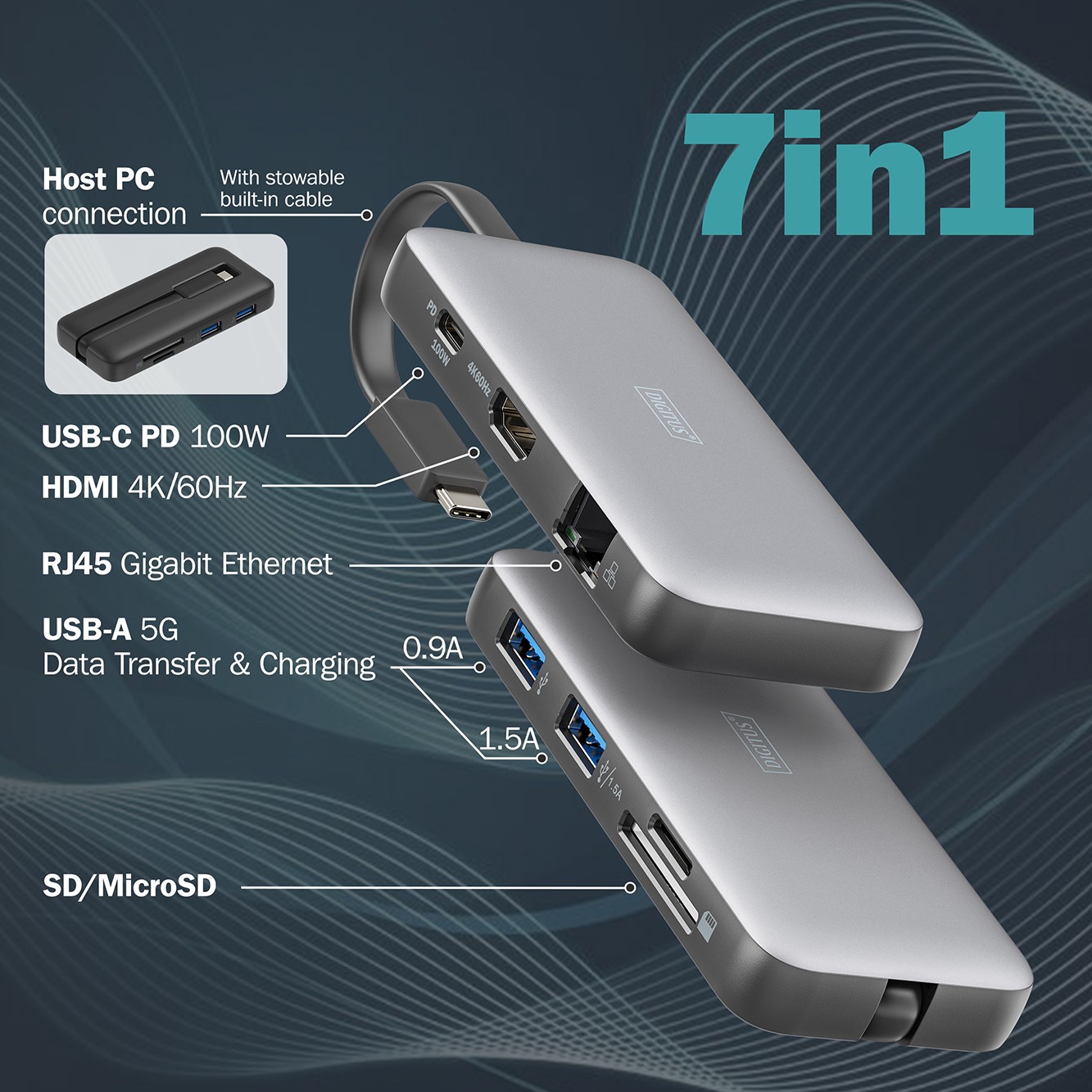 DIGITUS USB-C Seyahat Tipi Docking Station, 7-Port