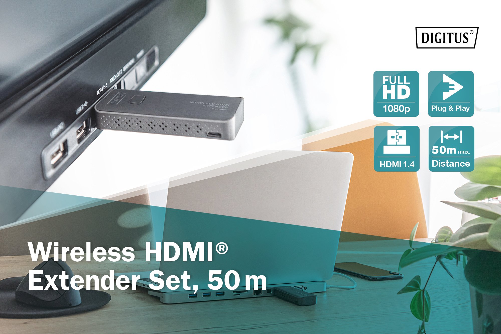Kablosuz HDMI Sinyal Uzatma Seti, 50 m Dongle, 1 ila 1, Full HD