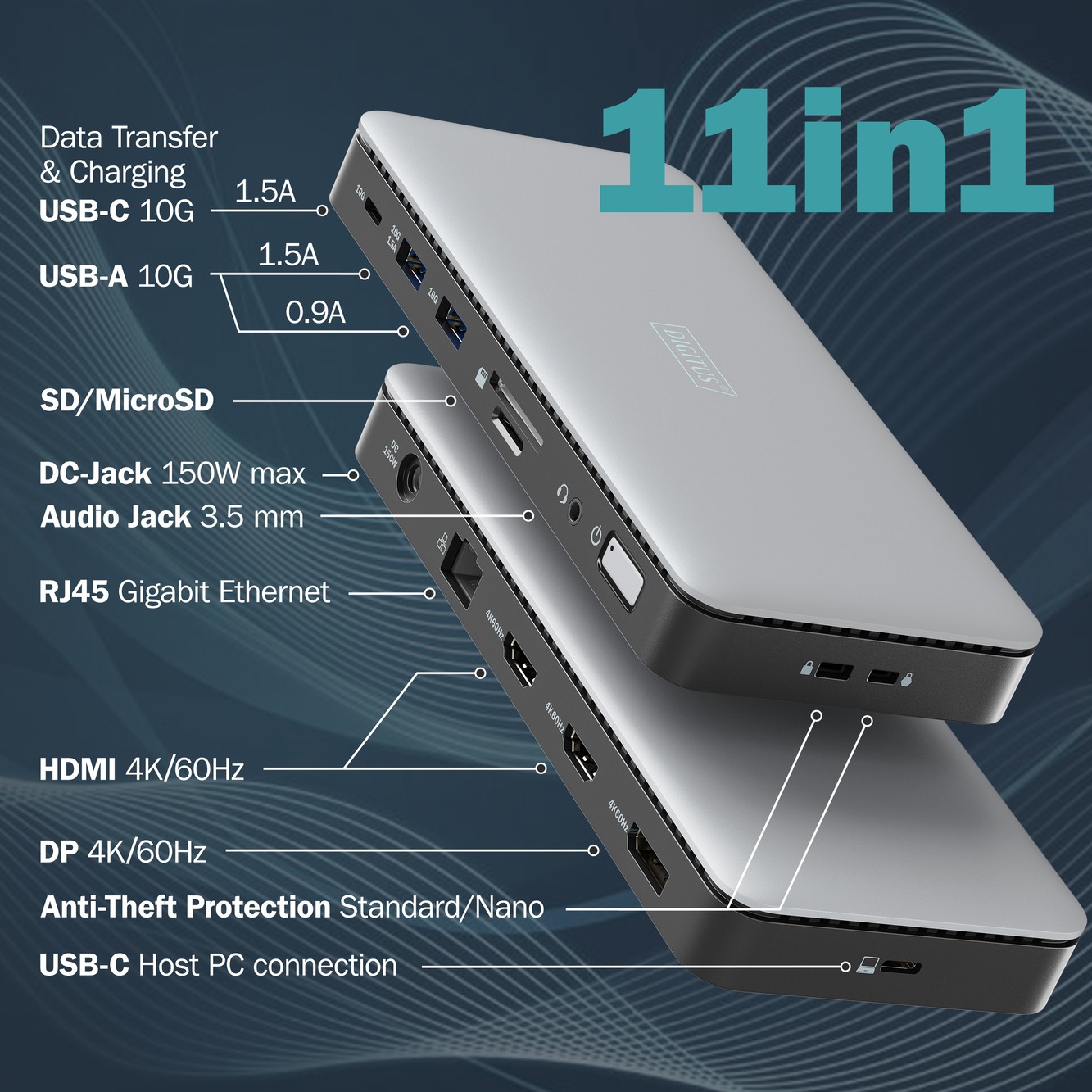 DIGITUS USB-C Docking Statio 3.2 Gen 2 bağlantı noktası (10 Gbit/s),11 Port