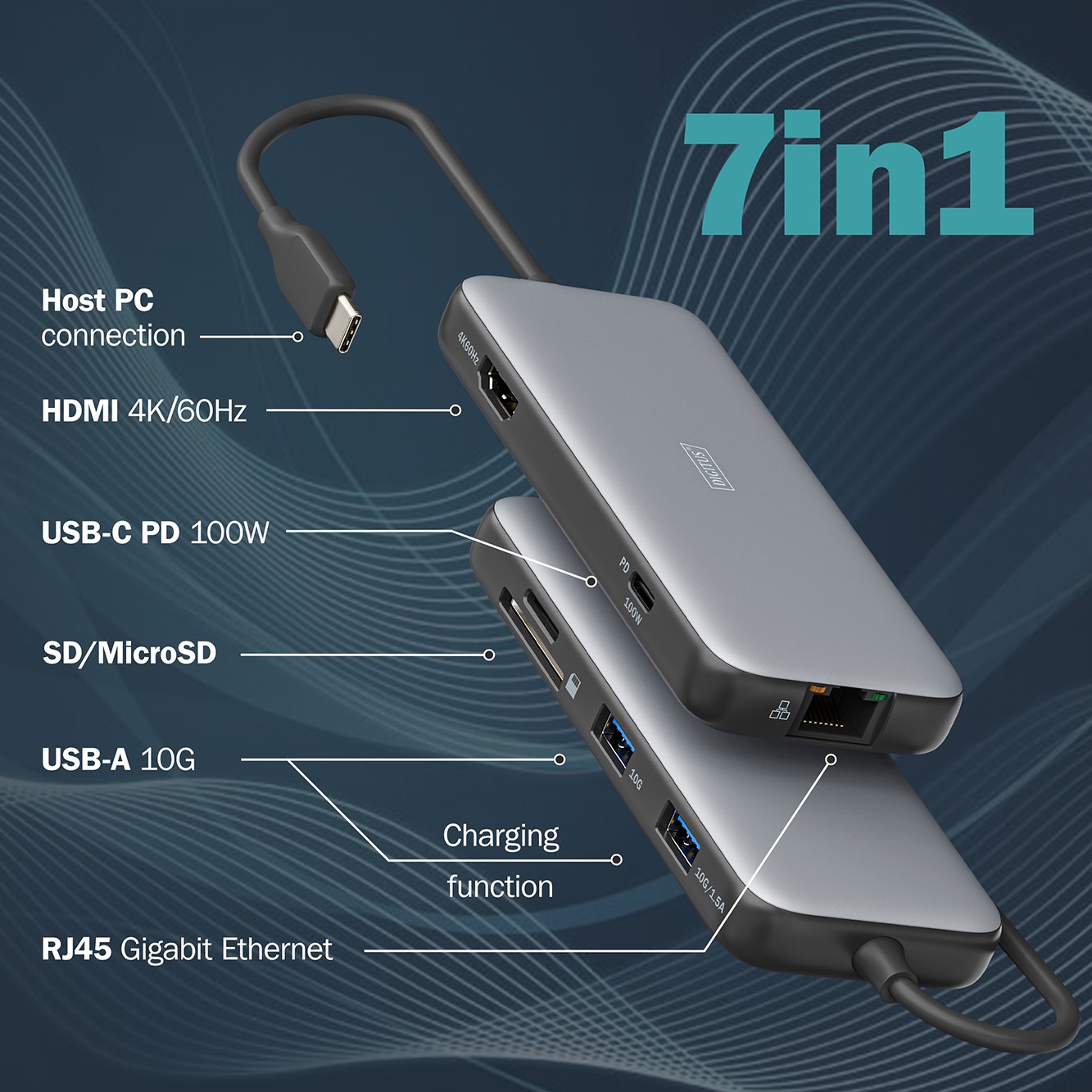 DIGITUS USB-C Docking Statio 3.2 Gen 2 bağlantı noktası (10 Gbit/s),7 Port