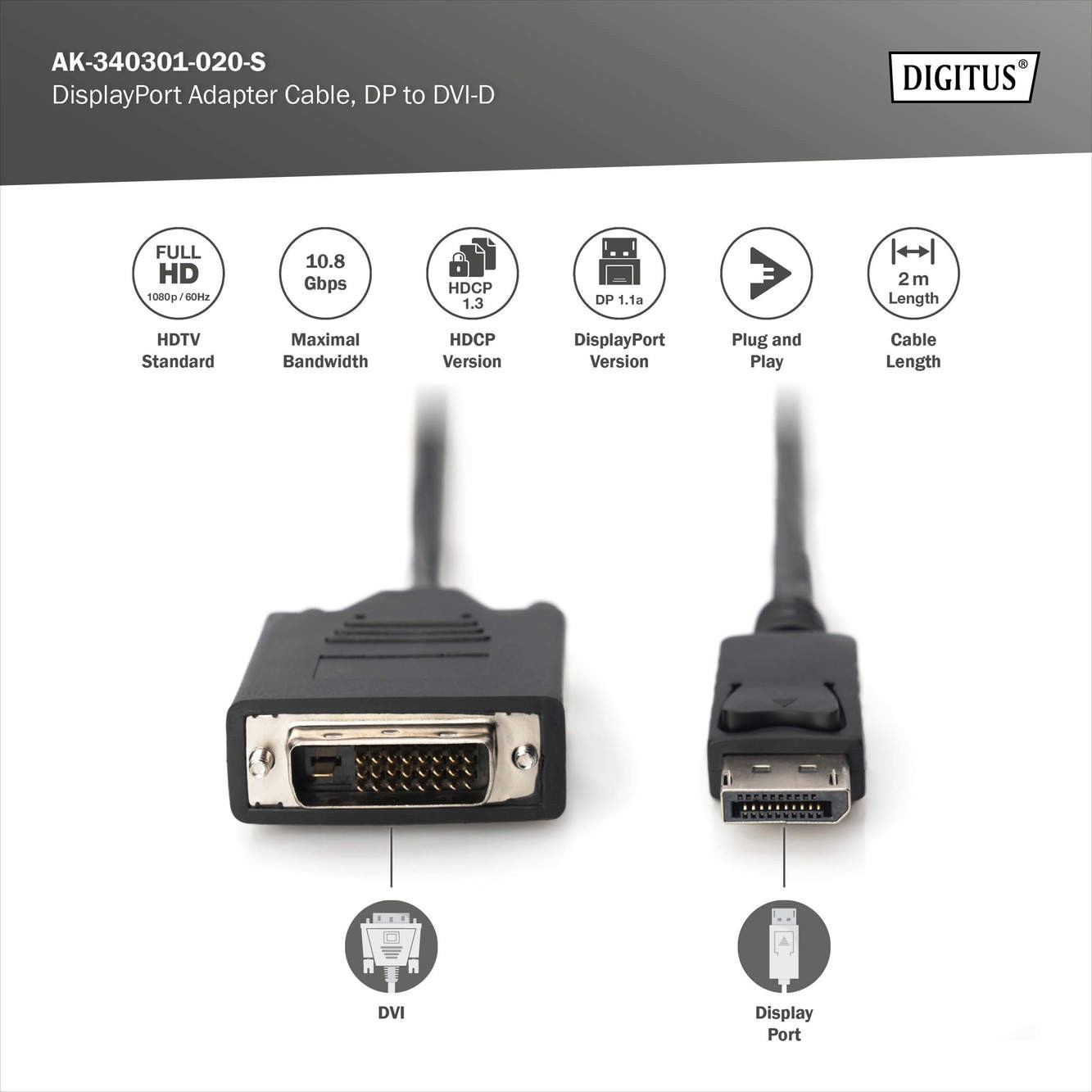 DisplayPort adapter cable, DP - DVI (24+1) M/M, 2 Metre