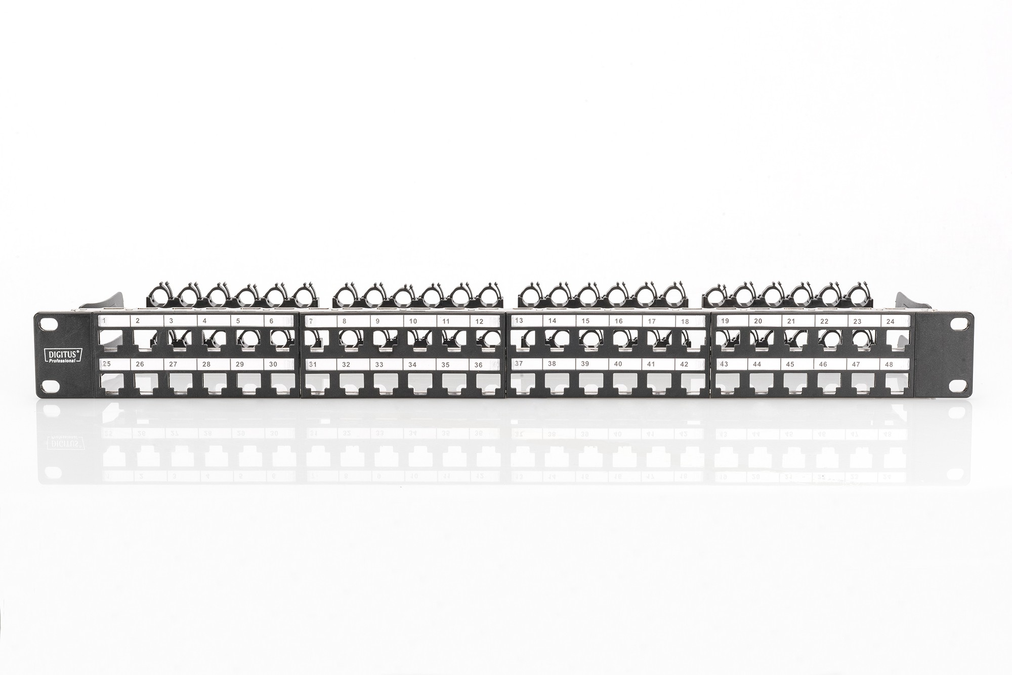 48 portlu Modüler patch panel, blendajlı, Etiketleme paneli, 1U,
