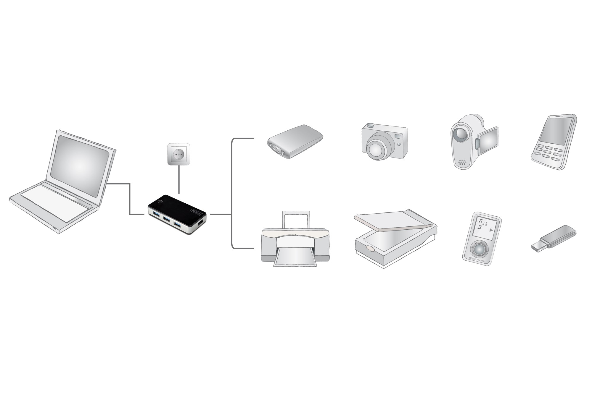 DIGITUS USB 3.0 Hub, 4-girişli siyah Süper Hızlı USB (5Gbps) 