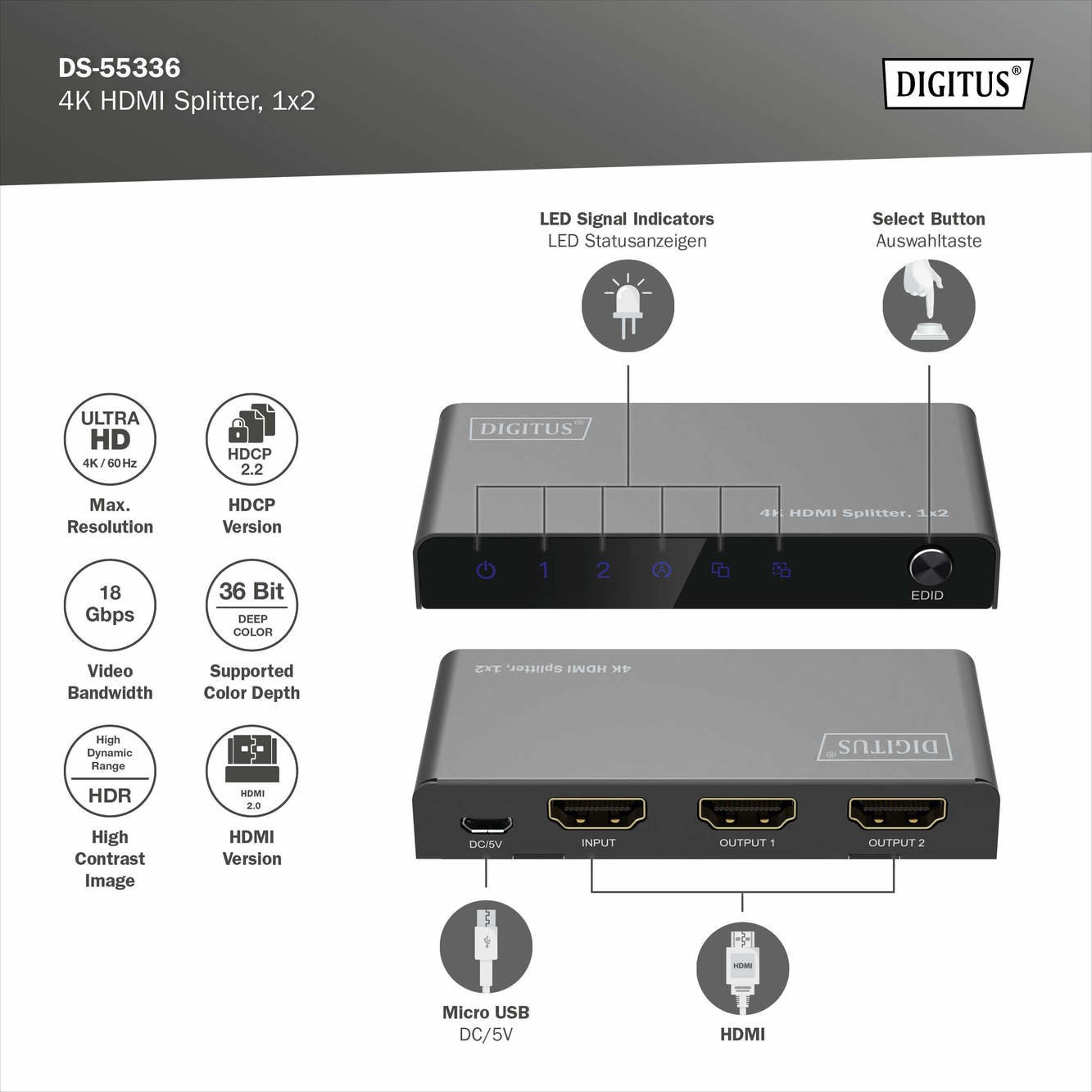 DIGITUS 4K HDMI ayırıcı, 1x2 HDMI ayırıcı, 4K/60Hz HDCP 2.3, EDID kontrolü