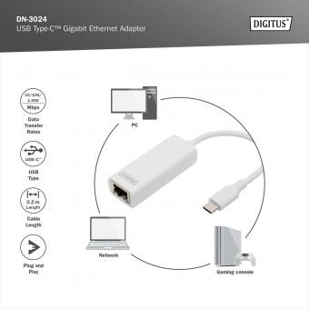 Digitus Type-C - Gigabit Ethernet Çevirici DN-3024 RJ 45 Gigabit Ethernet konektörü (10/100/1000 Mbps)