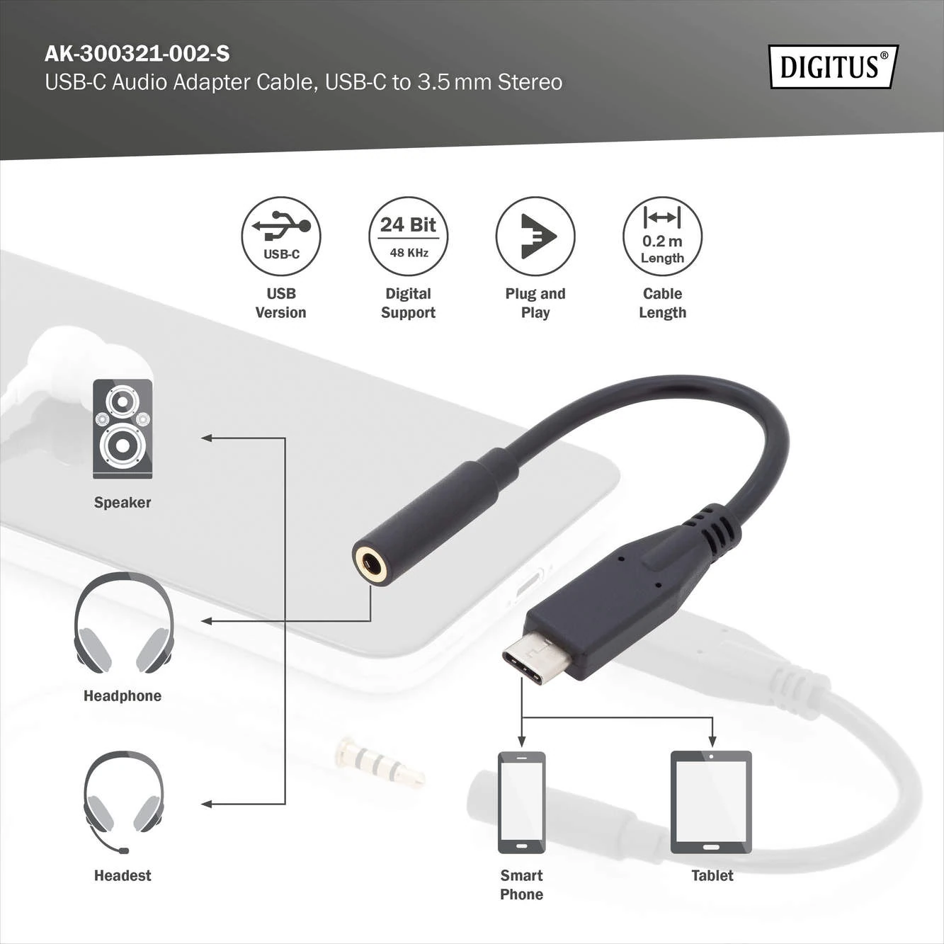 DIGITUS USB Type-C ses adaptörü / dönüştürücü, Type-C/St - 3,5 mm ja