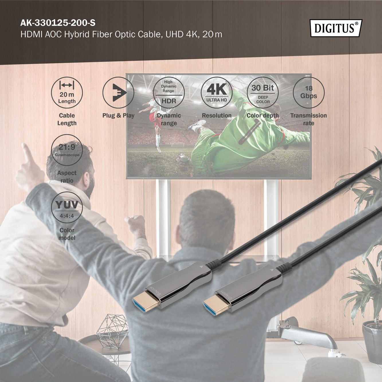 Digitus 20 Metre 4K Fiber HDMI Kablo – Sıkıştırmasız Görüntü Aktarımı (AOC)