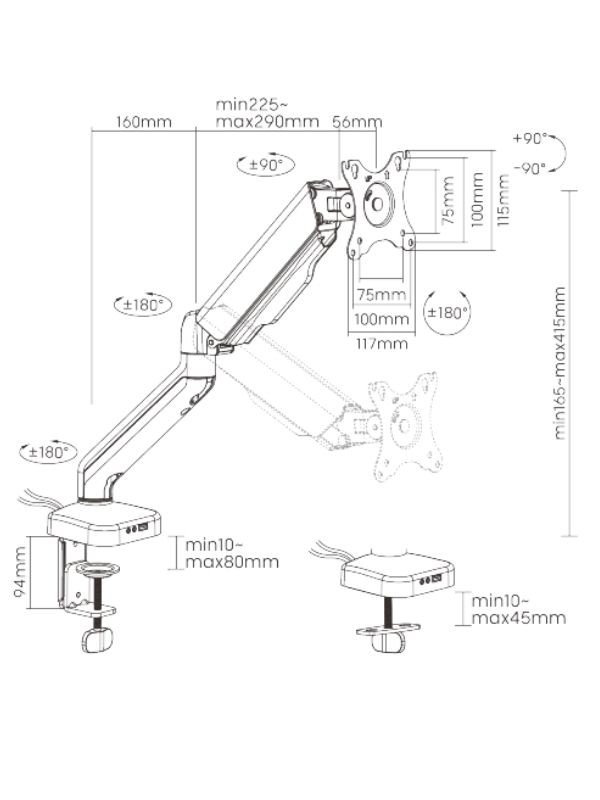 Tekli Gaz Basınçlı Monitör Kolu 17 "-32" 9kg Mikrofon-Ses / USB çıkışlı