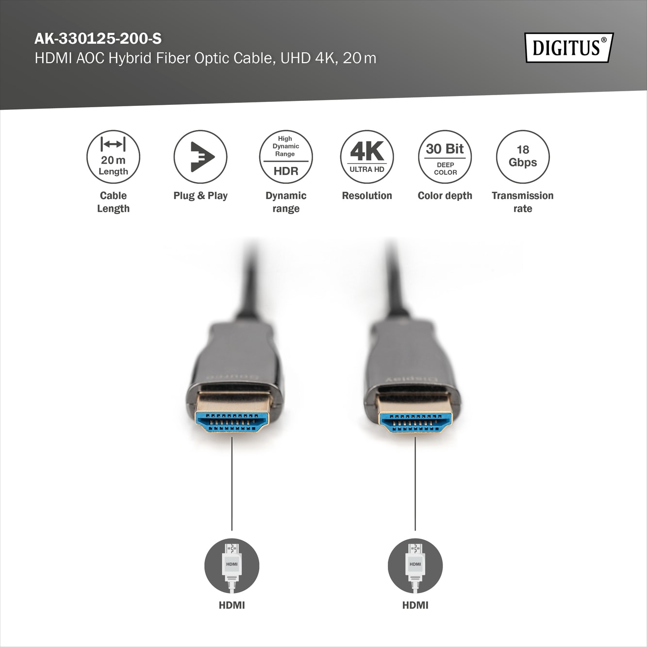 Digitus 20 Metre 4K Fiber HDMI Kablo – Sıkıştırmasız Görüntü Aktarımı (AOC)