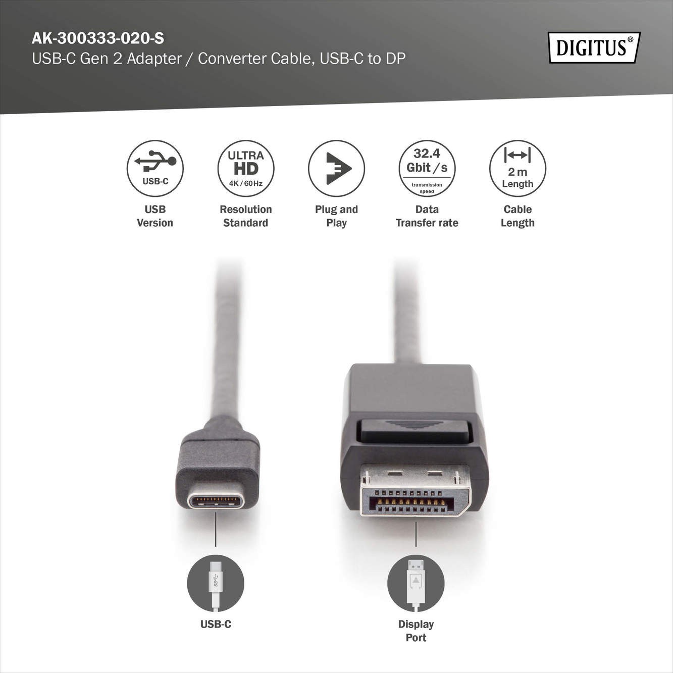DIGITUS USB Type-C Gen 2 adaptör kablosu, Type-C’den DP’ye