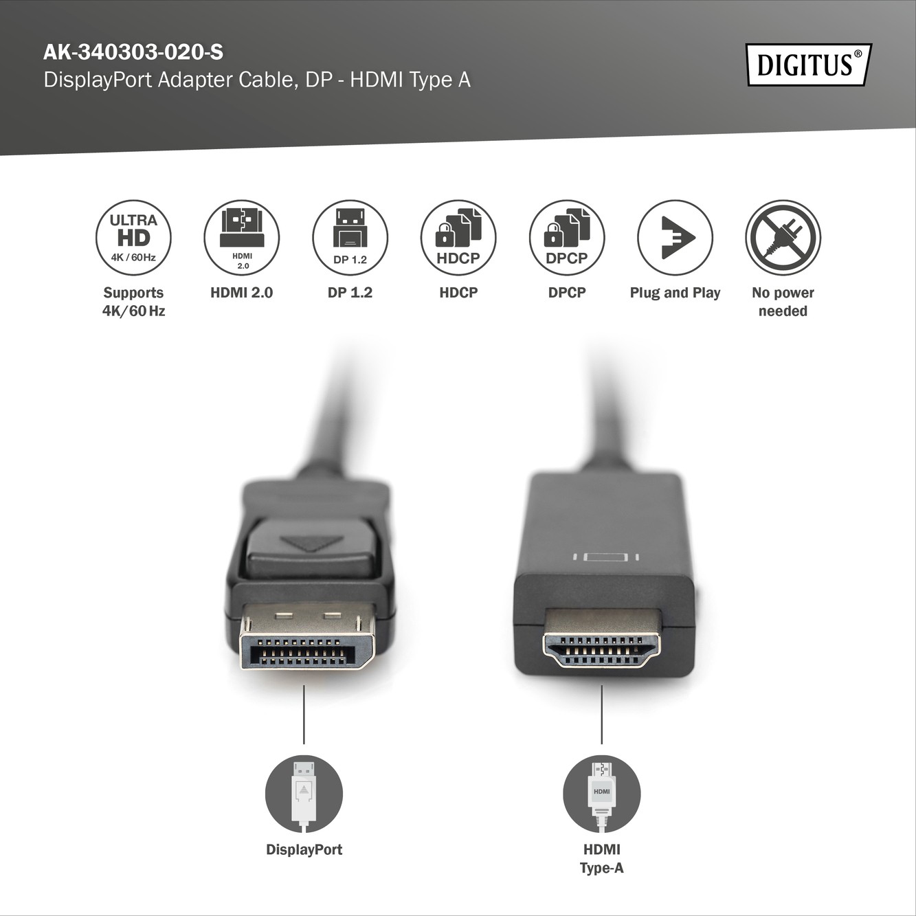 DIGITUS DisplayPort Adaptör Kablosu, DP - HDMI A Tip 