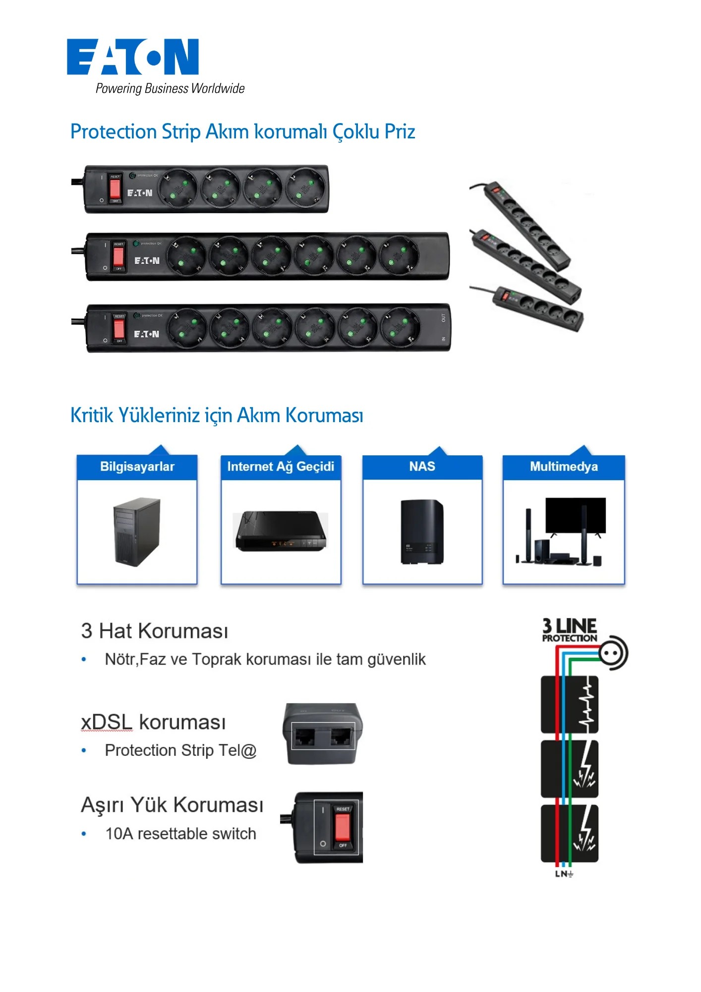 Eaton Akım Korumalı Priz (6'lı Schuko) Eaton Protection Strip 6 DIN-PS6D