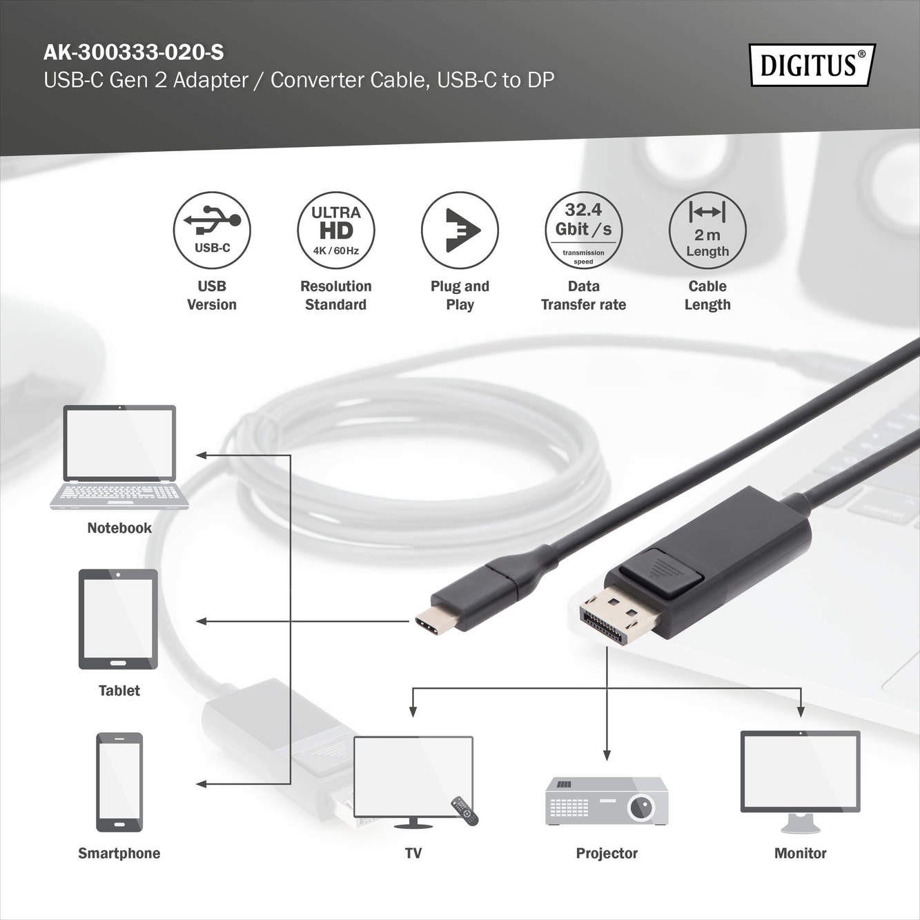 DIGITUS USB Type-C Gen 2 adaptör kablosu, Type-C’den DP’ye