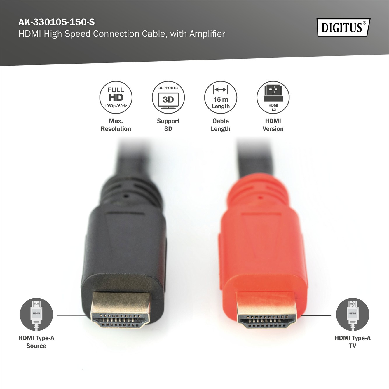 DIGITUS Güçlendiricili  15 Metre HDMI  Kablo High Speed Altın Uç