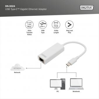 Digitus Type-C - Gigabit Ethernet Çevirici DN-3024 RJ 45 Gigabit Ethernet konektörü (10/100/1000 Mbps)