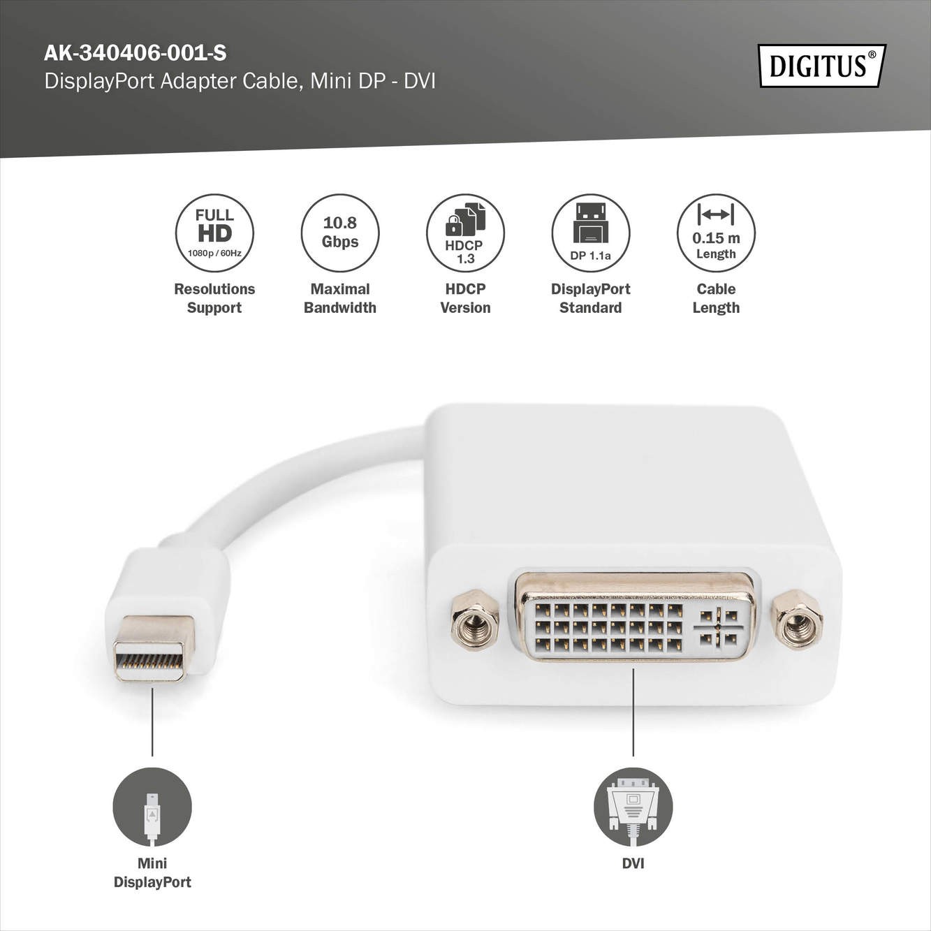 DisplayPort adaptör kablosu, mini DP - DVI (24+5) St/Bu, 0,15 m, DP 1.1a uyumlu, CE, we