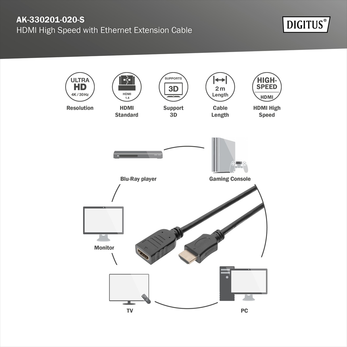 Digitus AK-330201-020S HDMI UZATMA  Kablosu - 2m 