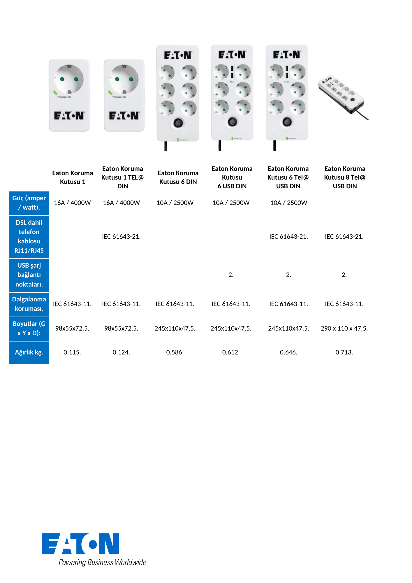 Eaton 6'lı Akım Korumalı Priz ve 2 USB Girişi(6'lı Schuko)