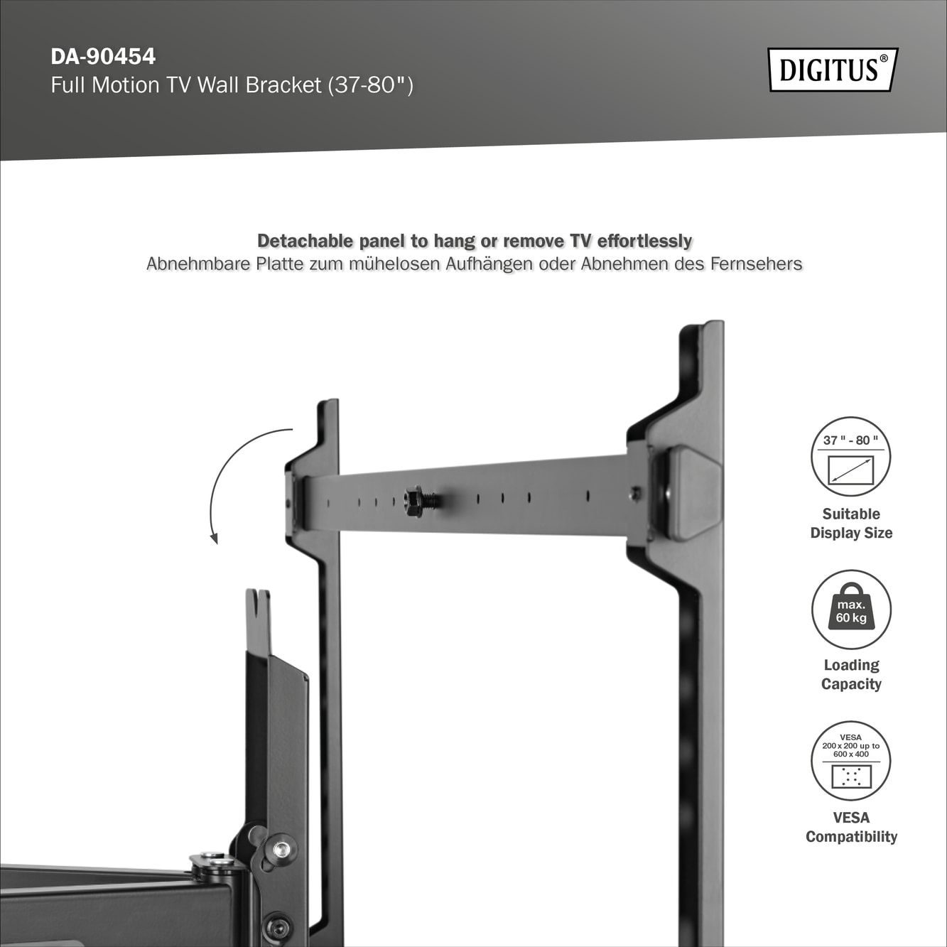 Tam hareketli TV duvar tutucusu 37-80", 60 kg Taşıma Kapasitesi
