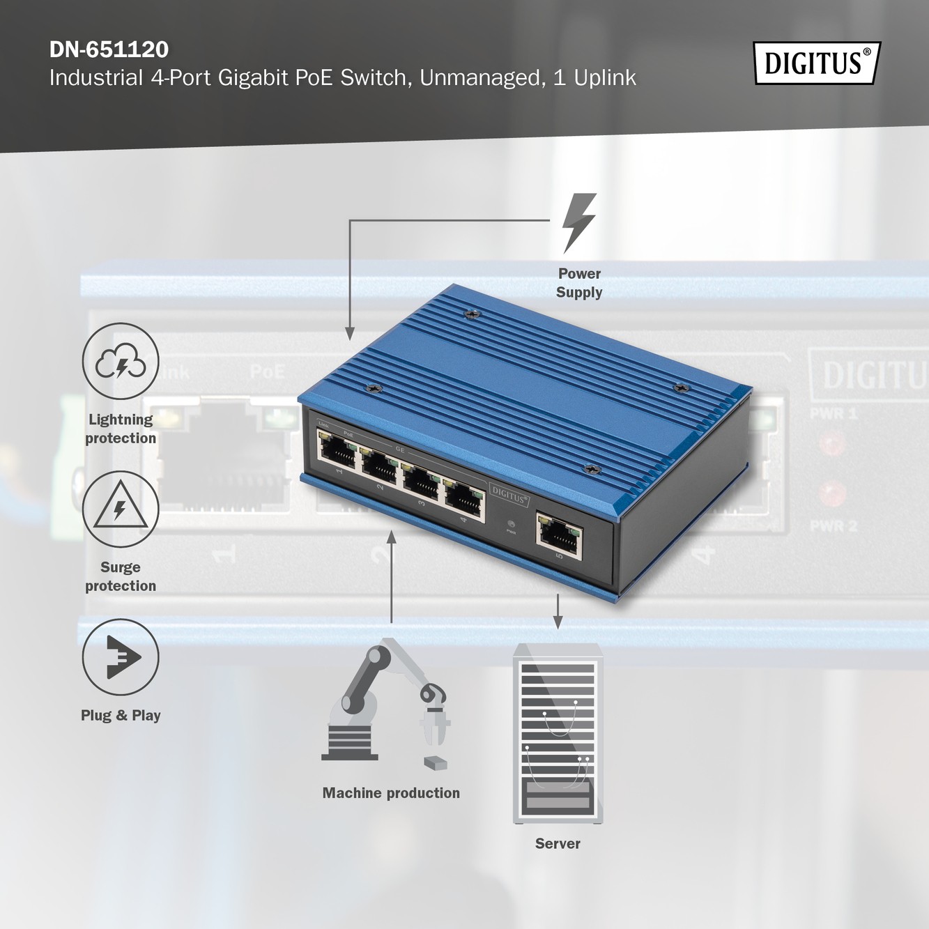 Digitus 4 Port Gigabit Ağ Poe Anahtarı, Endüstriyel, Yönetilmeyen, 1 RJ45 Uplink