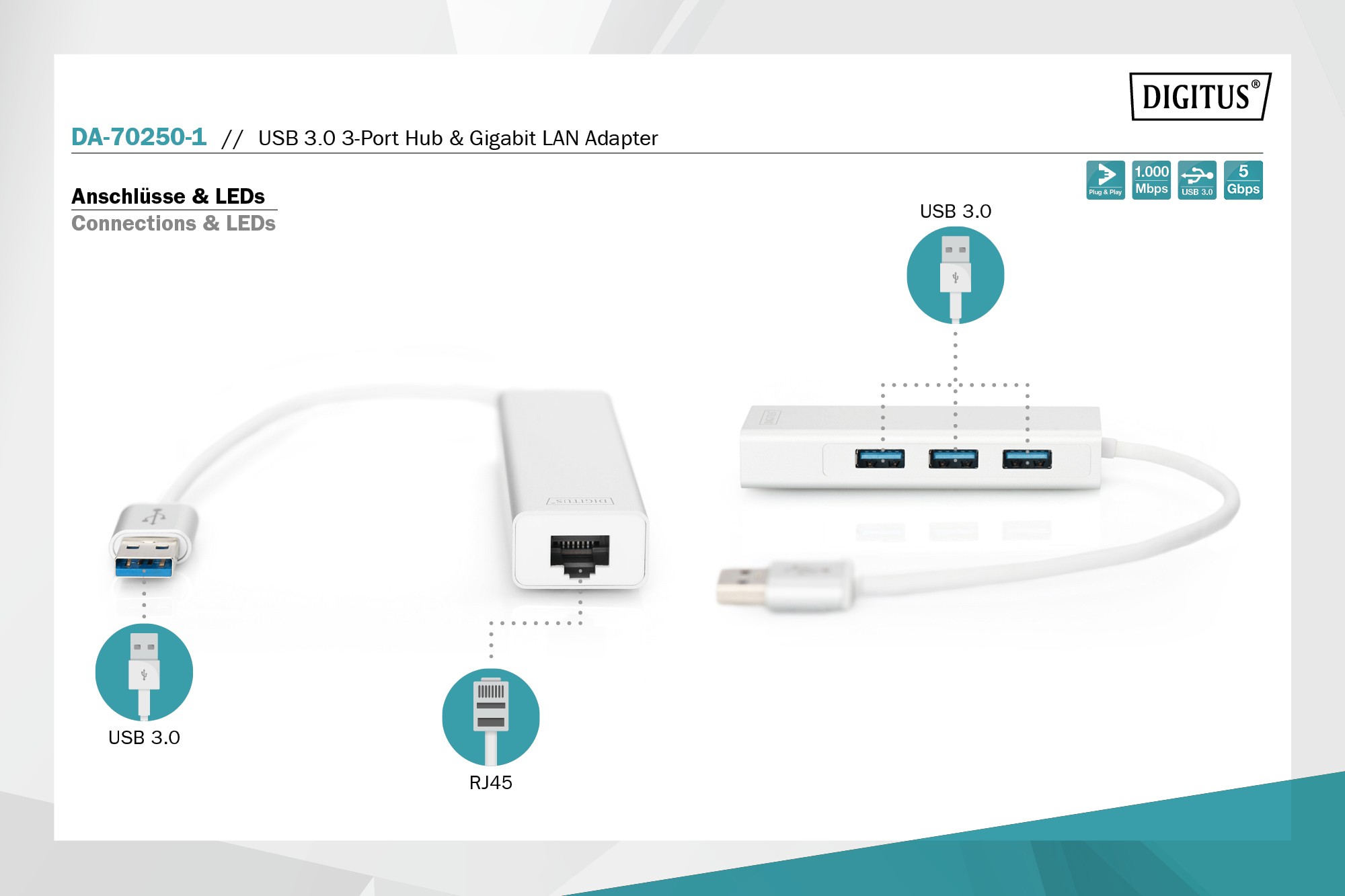 Digitus 3 Port USB 3.0 HUB & USB 3.0 Gigabit Ethernet Adaptörü DA-70250-1