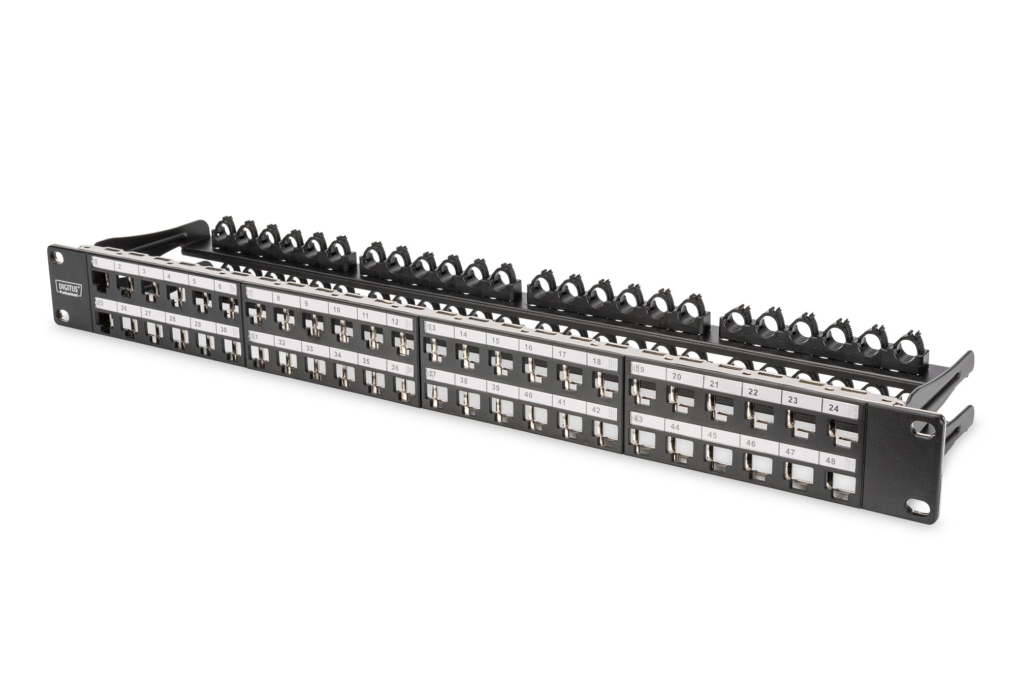 48 portlu Modüler patch panel, blendajlı, Etiketleme paneli, 1U,