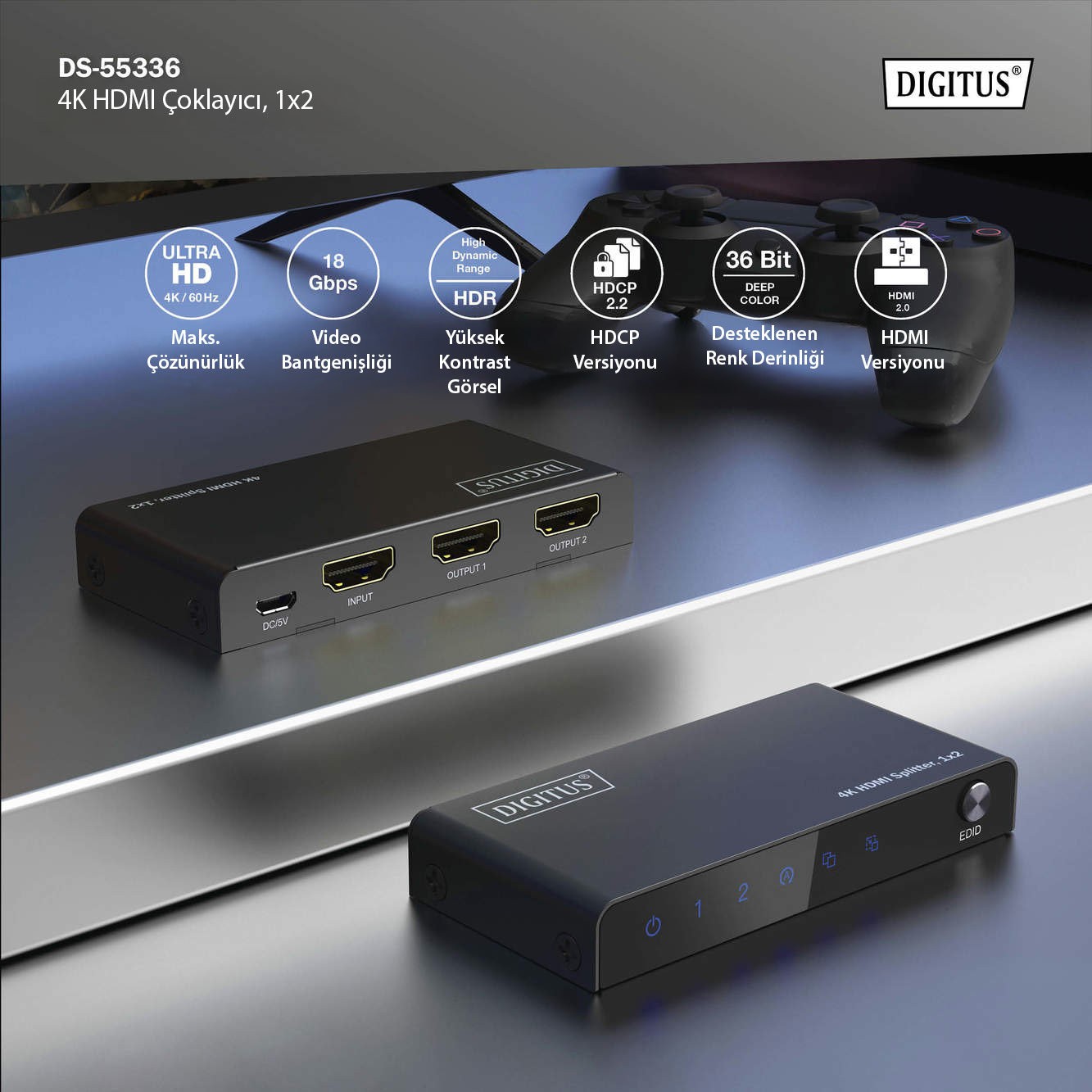 DIGITUS 4K HDMI ayırıcı, 1x2 HDMI ayırıcı, 4K/60Hz HDCP 2.3, EDID kontrolü