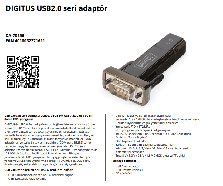 Digitus DA-70156 USB - SERİ Çevirici Yonga seti (FT232RNL)