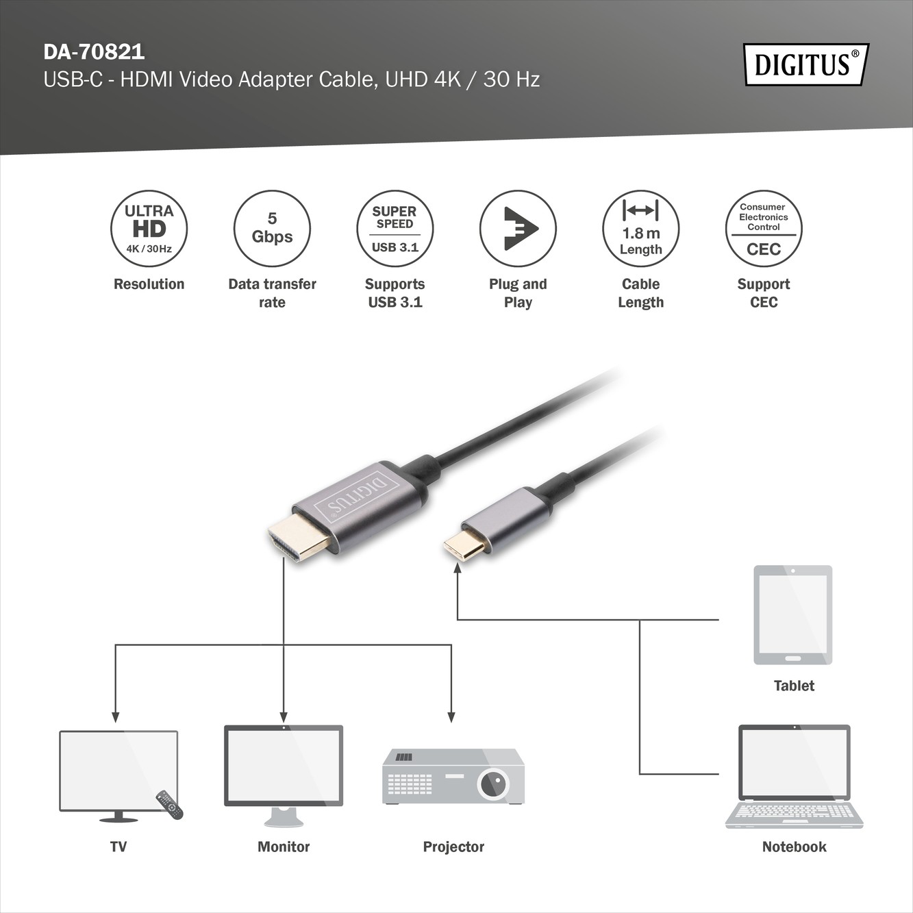 Dıgıtus Usb-C™ - Hdmı® Video Adaptör Kablosu, UHD 4k/30 Hz