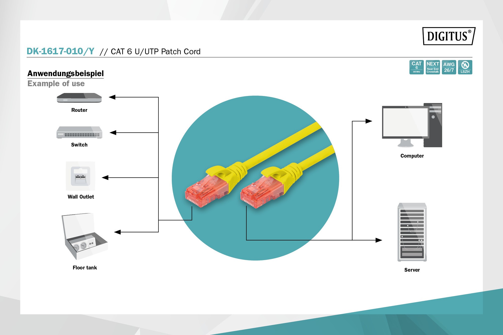 Digitus Patch Kablo, U-UTP, CAT. 6, 1 metre, AWG 26/7, Cu, LSZH, sarı renk