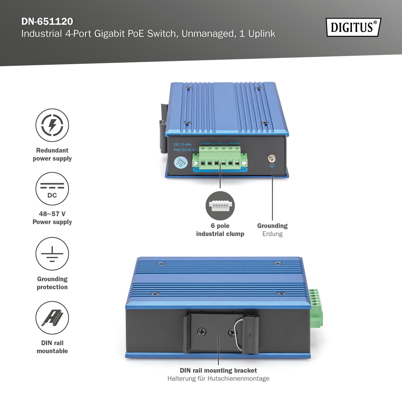 Digitus 4 Port Gigabit Ağ Poe Anahtarı, Endüstriyel, Yönetilmeyen, 1 RJ45 Uplink