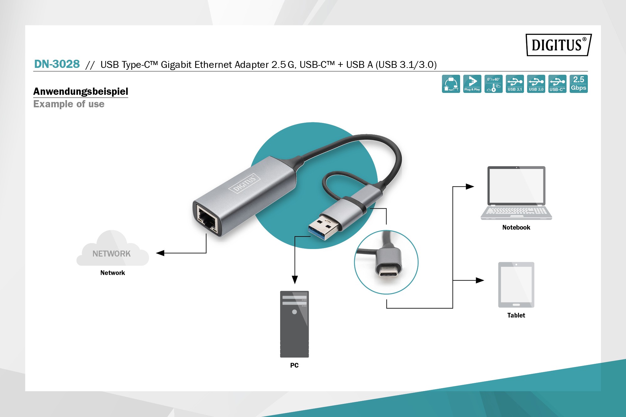 DIGITUS USB Type-C™ Gigabit Ethernet Adaptörü 2.5G, USB-C™ + USB A (USB3.1/3.0)