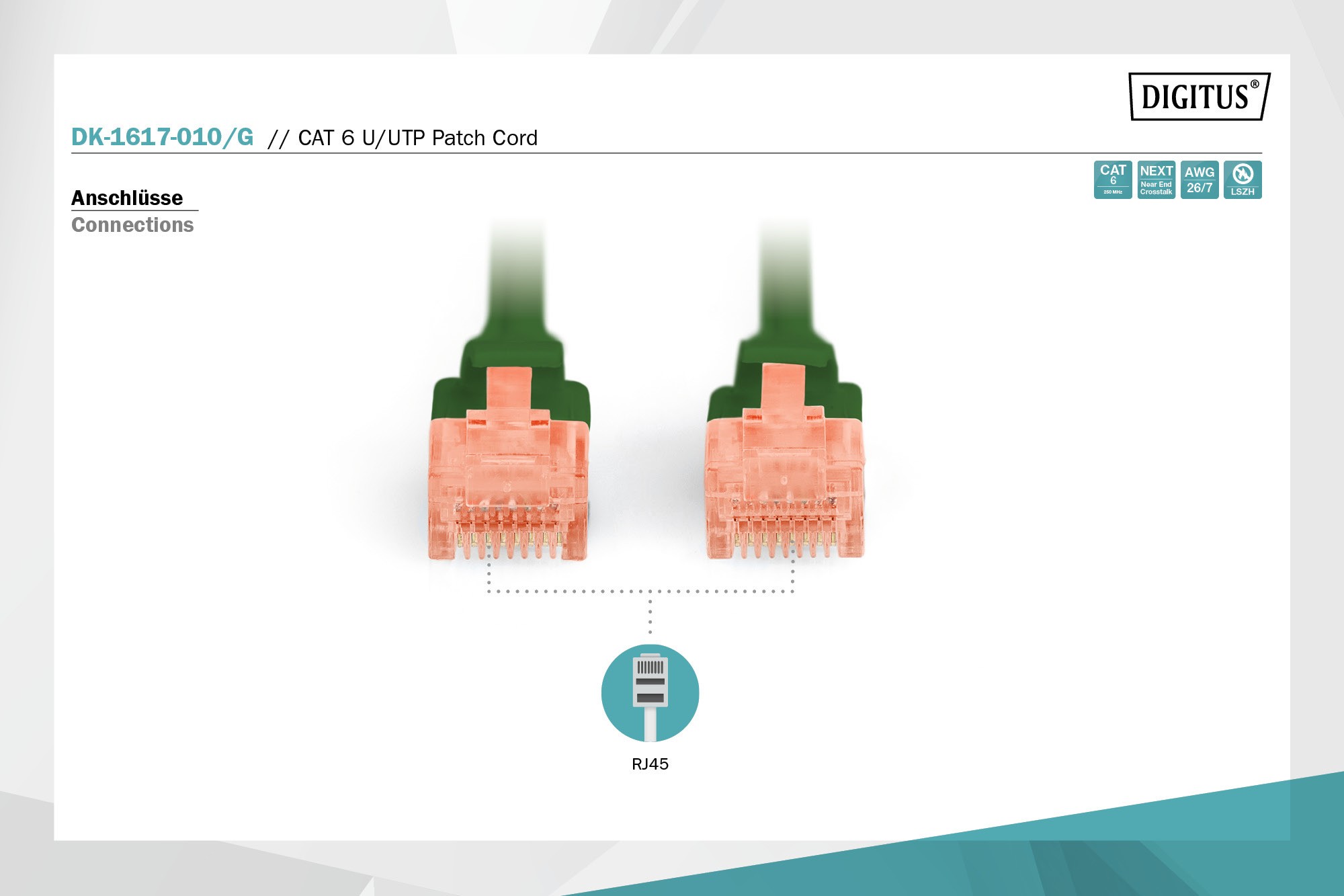 CAT 6 U-UTP bağlantı kablosu, bakır, LSZH AWG 26/7, uzunluk 1 m, yeşil renk