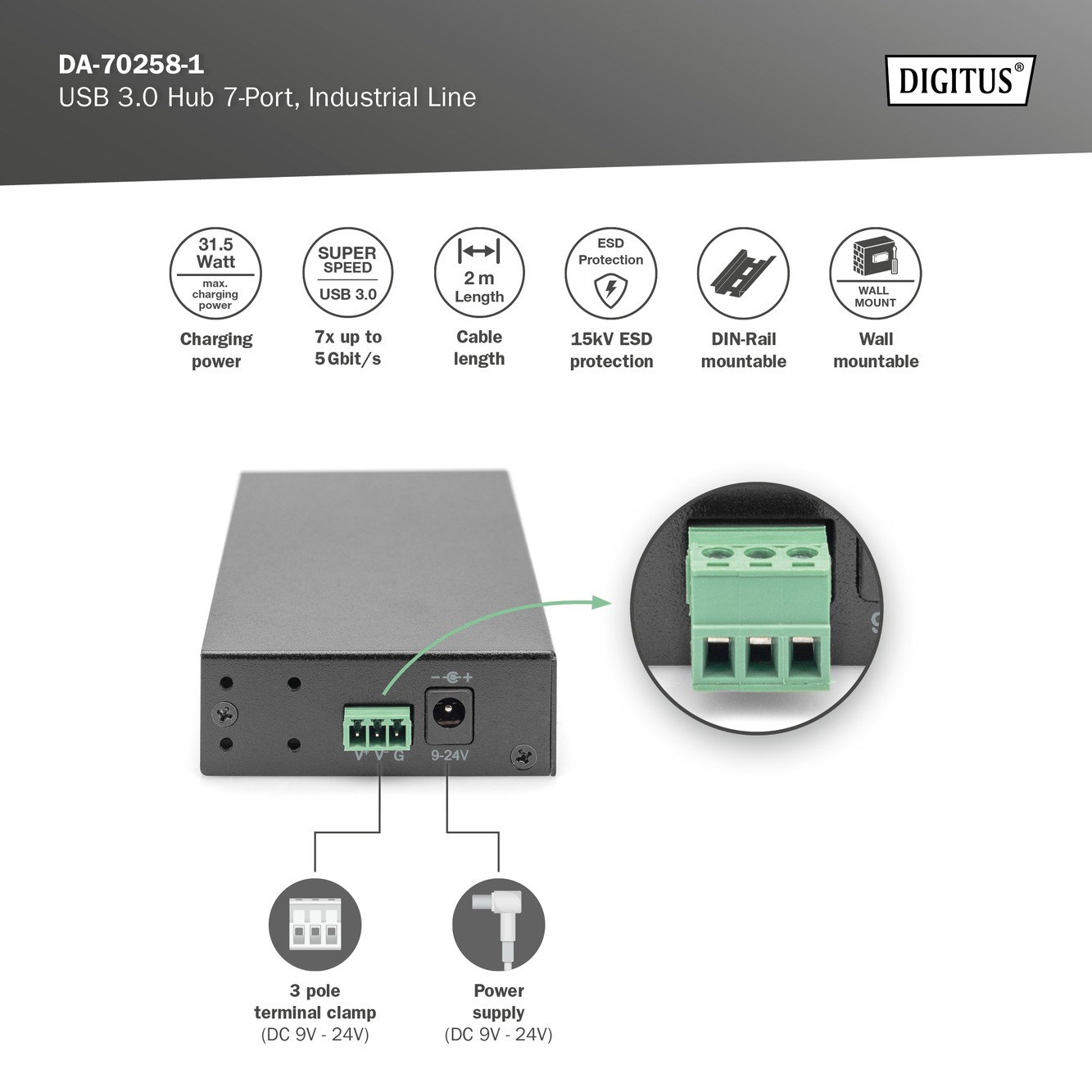 DIGITUS USB 3.0 Hub 7-Port, Endüstriyel USB Hub