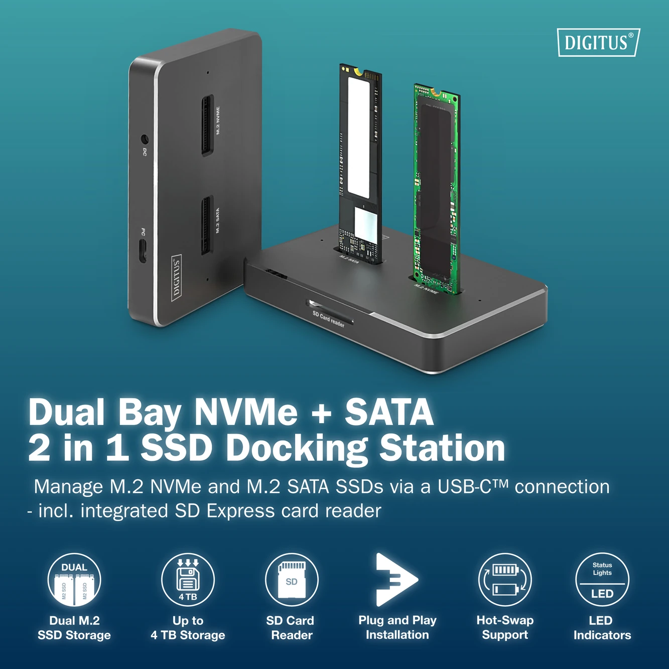 2’si 1 Arada M.2 NVMe + SATA SSD Docking Station – USB-C, SD Express, 10Gbps Hız