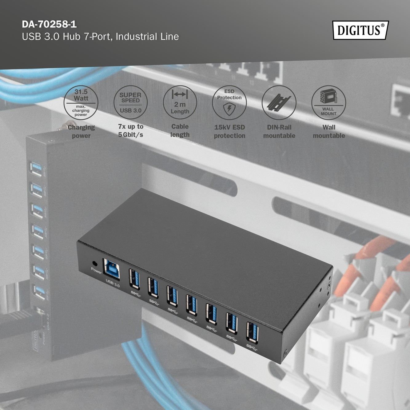 DIGITUS USB 3.0 Hub 7-Port, Endüstriyel USB Hub