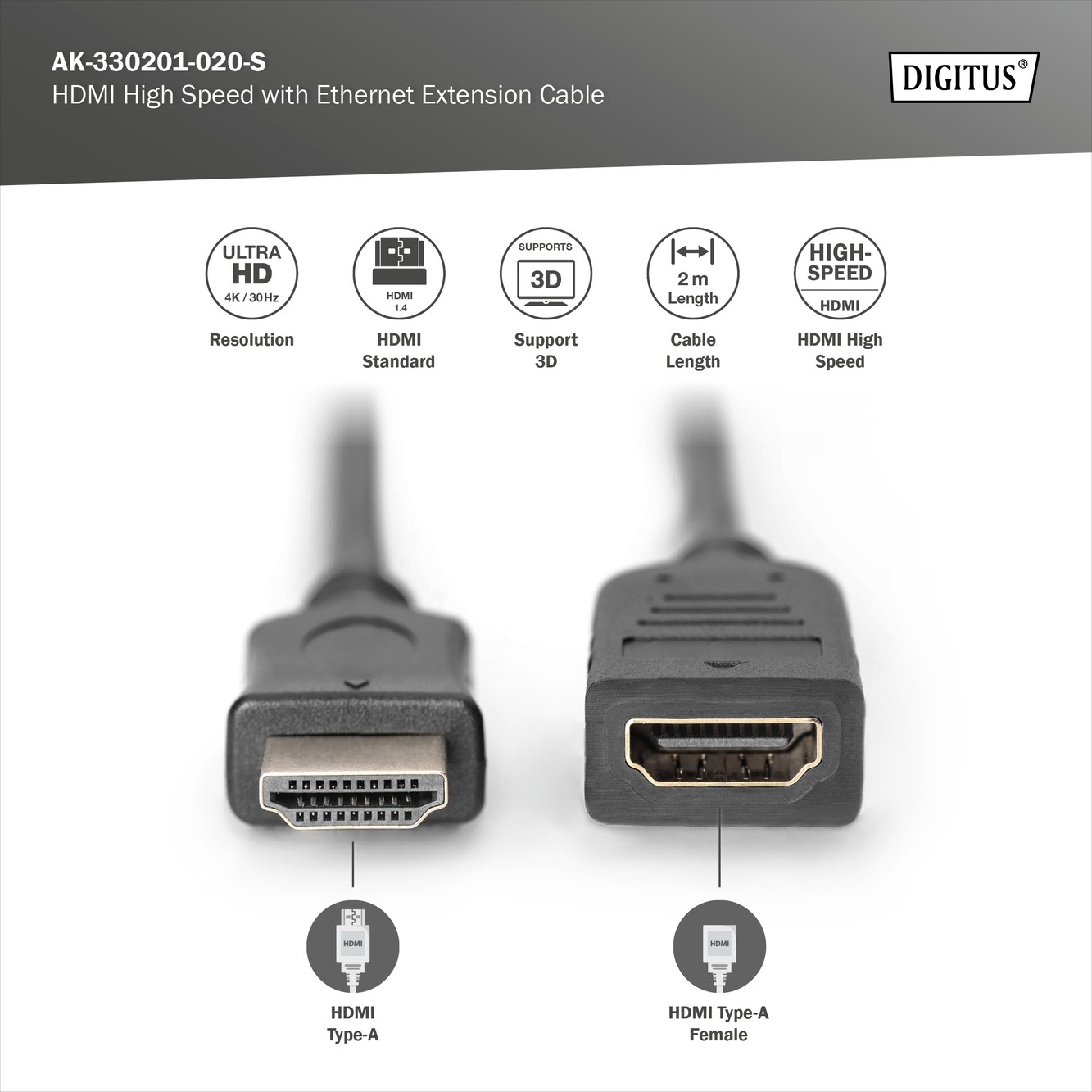 Digitus AK-330201-020S HDMI UZATMA  Kablosu - 2m 