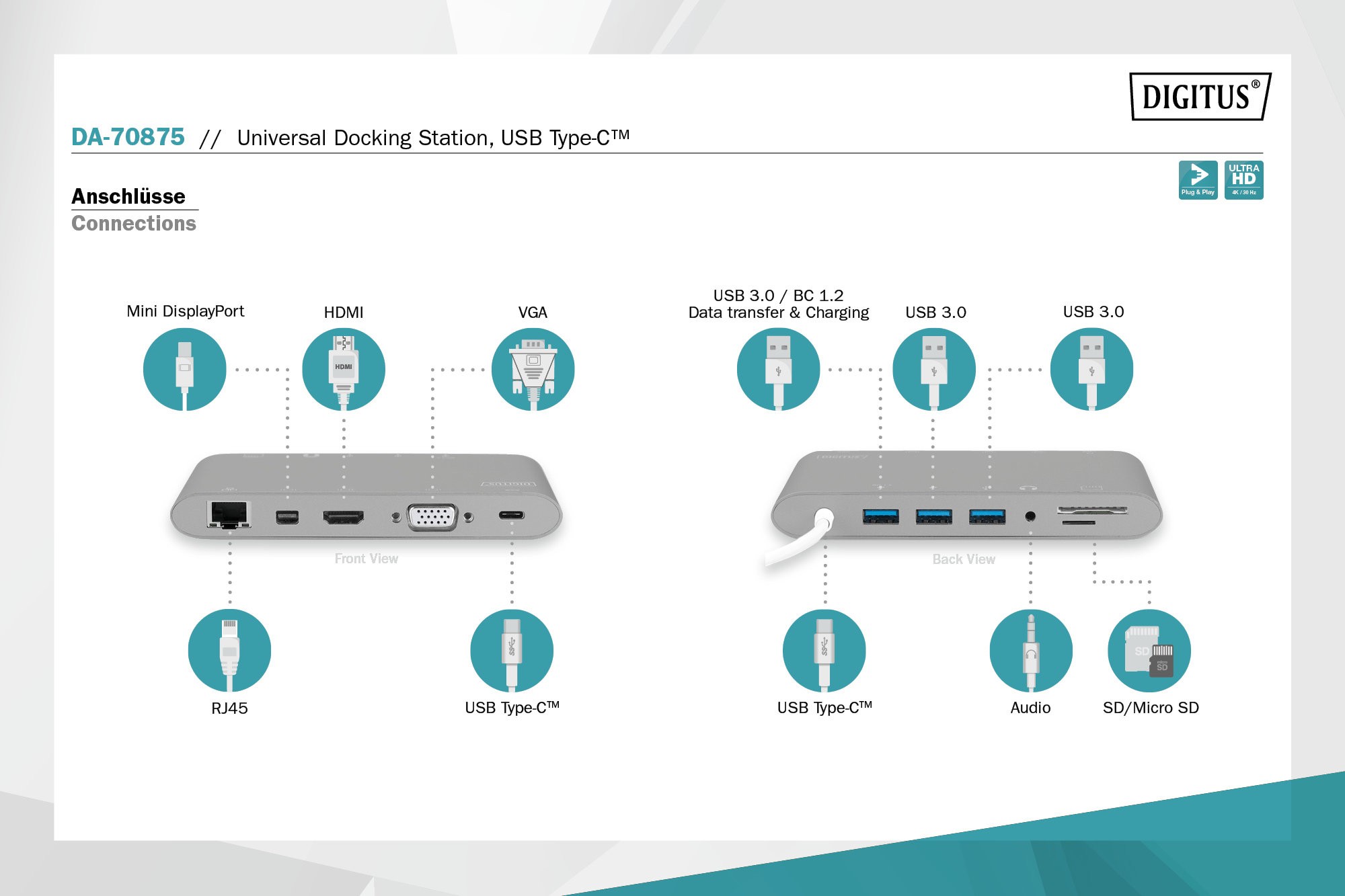 Digitus DA-70875 USB Type C To HDMI VGA Mini Dısplay Port 3x USB 3.0 1x USB Type C RJ45 Docking Station