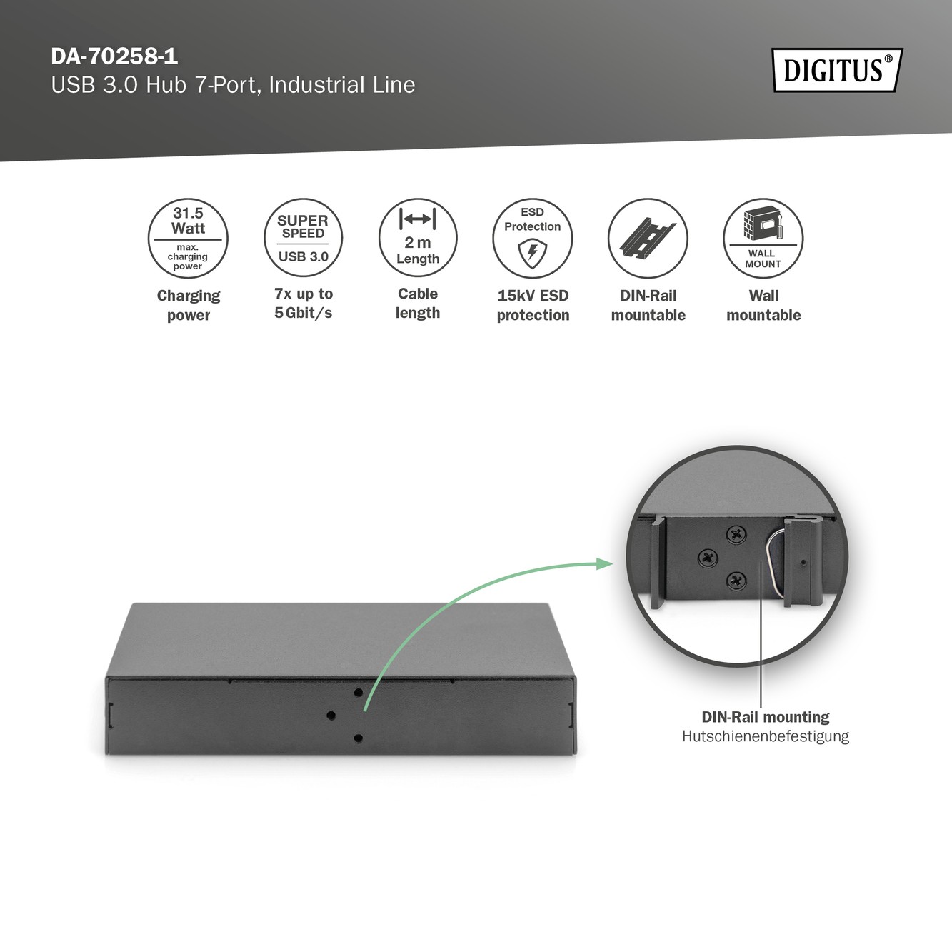 DIGITUS USB 3.0 Hub 7-Port, Endüstriyel USB Hub