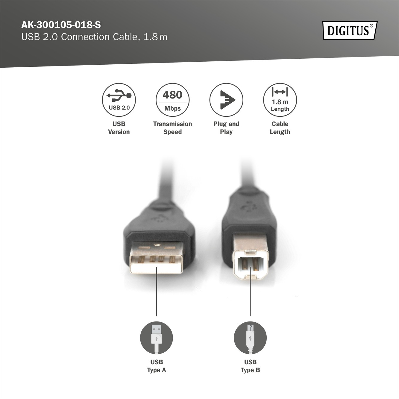 Usb 2.0 Bağlantı Kablosu, Usb A Erkek - Usb B Erkek B, 1.8 Metre