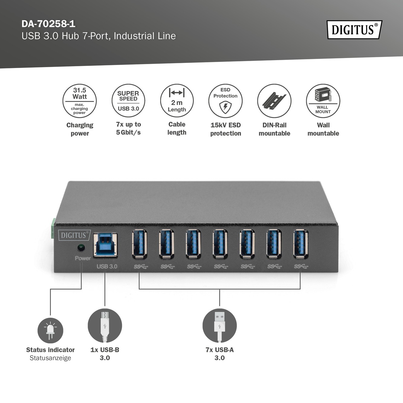 DIGITUS USB 3.0 Hub 7-Port, Endüstriyel USB Hub