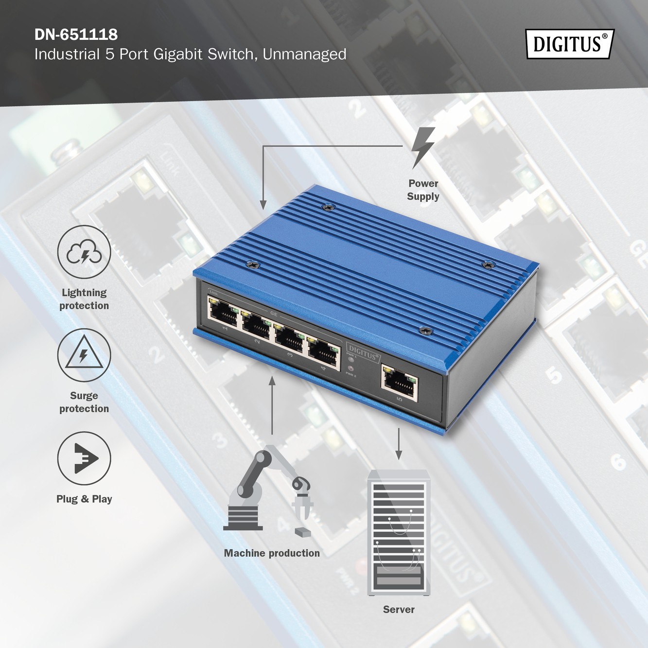 Digitus 4 Port Gigabit Ağ Anahtarı, Endüstriyel, Yönetilmeyen, 1 RJ45 Uplink