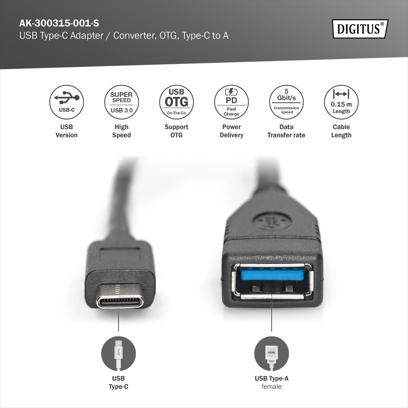 USB Tip-C adaptör kablosu, OTG, Tip-C - A St/Bu, 0.15m, 3A, 5GB, 3.0 sürümü, bw