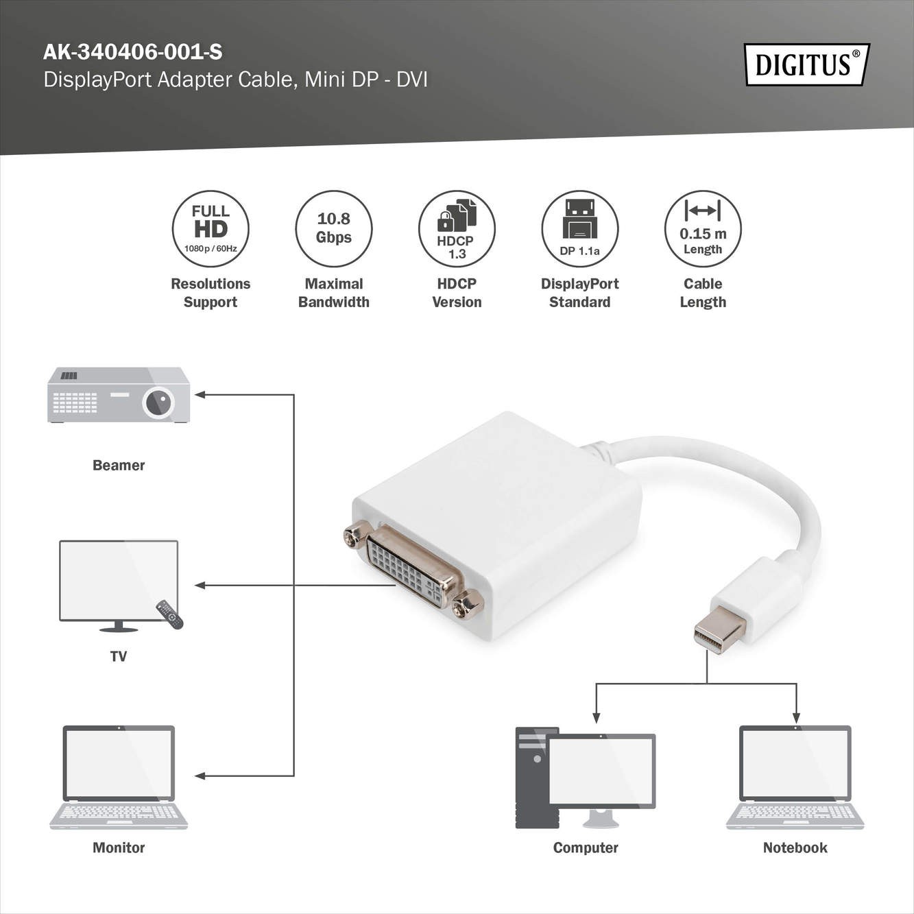 DisplayPort adaptör kablosu, mini DP - DVI (24+5) St/Bu, 0,15 m, DP 1.1a uyumlu, CE, we